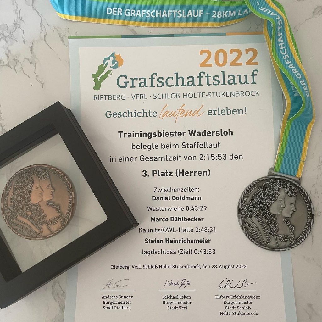Bronzemedaille, Urkunde und Medaille Grafschaftslauf 3. Platz / Laufcoach Stefan